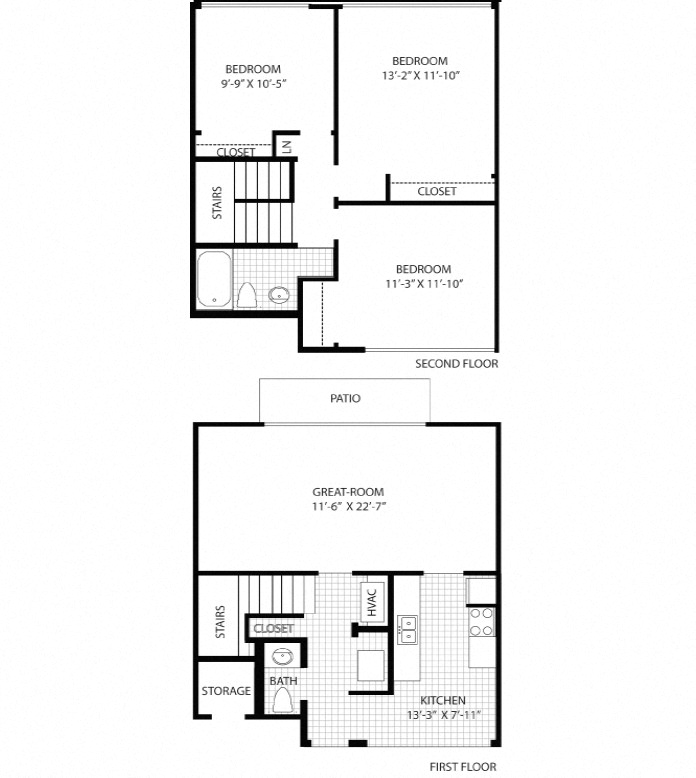 Floor plan for 3 beds, 1.5 baths, 1217 sqft